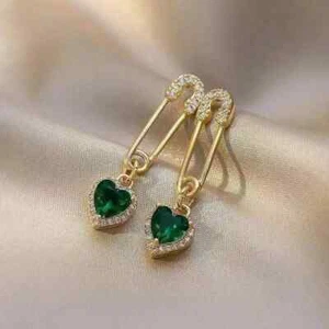 Fashion Gold Emerald Green Cubic Zirconia Shiny Women Studs Dangle Drop Earrings - Picture 1 of 4