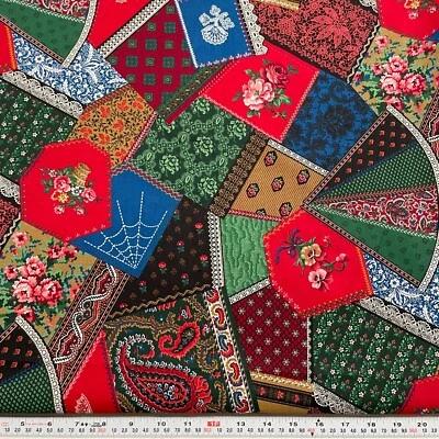 Tela de algodón vintage con estampado de retazos Cranston imitación loco tramposo 2 yardas x 43" Foto 1 de 2