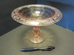 PADEN CITY Glass ETCH Black Forest footed Compote Pink REGINA 7 5/8" W 1920's - Picture 1 of 10
