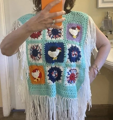 A Light Blue Poncho With Cute Granny Squares And White Fringe 100% Handmade - Image 1 of 2