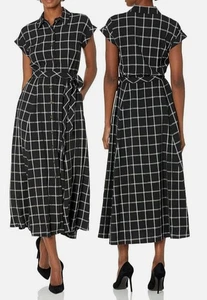 Calvin Klein Black Windowpane Plaid Midi Shirtdress Belted size 16 - Picture 1 of 6