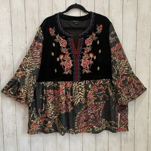 Nueva blusa túnica boho bordada de terciopelo Calessa para mujer talla 2X mezcla de algodón - Imagen 1 de 12
