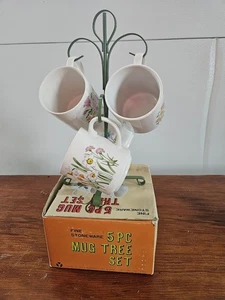 Vintage 1984 NOS Fine Stoneware Floral 5pc Coffee Mug Tree Set Made In Japan NIB - Picture 1 of 3