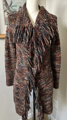 Peruvian Connection Cardigan Sweater Midi Length Open Front Knit Fringe Small - Image 1 of 4