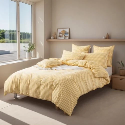  Juego de funda nórdica a cuadros 100 % algodón rejilla suave ropa de cama reversible doble XL amarillo Foto 1 de 4