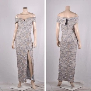 NWOT $288 Xscape Off-The-Shoulder Sequin Lace Gown in Silver/gold Size 10 - Picture 1 of 15