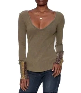Free People 'Art School' Cuffed Long Sleeve Tee Olive Green Small - Picture 1 of 6