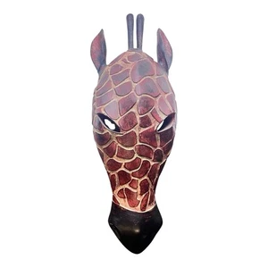 Intricately Hand Carved Giraffe Mask Wood Painted Safari Wall Art 15" - Picture 1 of 4