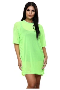Womens Mesh T-Shirt Dress Fishnet Sheer Dress Tunic Baggy Oversized Longline Top - Picture 1 of 30
