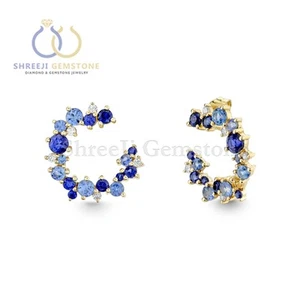 Genuine Diamond Sapphire Wrap Hoop Earrings 14k Solid Yellow Gold Fine Jewelry - Picture 1 of 2