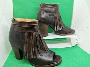 Bed Stu Onset Olivia Peep Toe Fringe Booties Brown Leather Size 9 - Picture 1 of 23