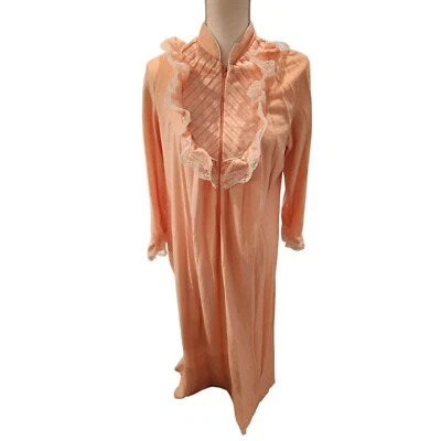 Vintage 80s Suzanne Beth Coral Pink Half Zip Fleece Robe Satin Lace M - Image 1 of 4