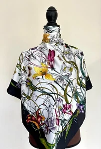 New Gucci Scarf Logo Flora Print White Multicolor Silk Wrap with Gucci Gift Box - Picture 1 of 20