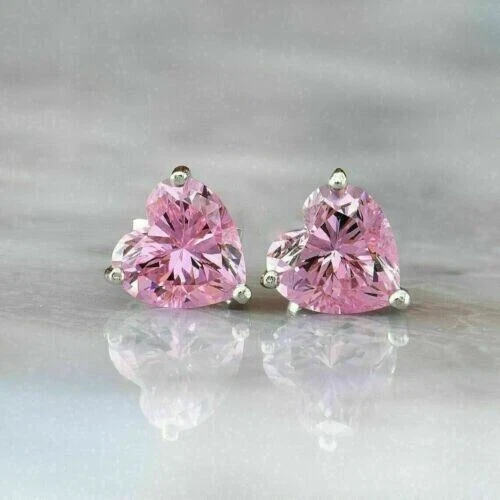 4Ct Heart Cut Created Pink Diamond Solitaire Stud Earrings 14K White Gold Plated - Image 1 of 4