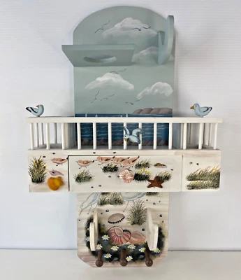 Bathroom Wall Shelf Storage Drawer White Tropical Beach Coastal Bird Shell Boat - Image 1 of 4