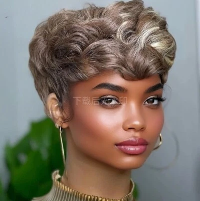 Pelucas Afro Highlight Ombre Miel Rubia Corte Pixie Cabello Humano Completo Hechas a Máquina Foto 1 de 4