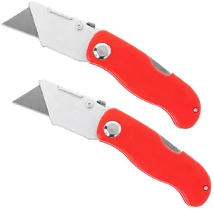 2 Foldable Box Cutter Knife - 5 Carbon Steel Blades - Belt Clip - Folding Lock - Picture 1 of 12