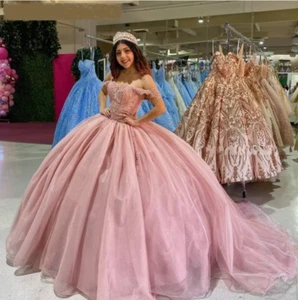 Abito da ballo dolce Quinceanera perline spalle scoperte fiori applique festa - Foto 1 di 7