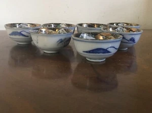Set 7 Japanese Porcelain Saki Tea Cups Imari Interior Blue & White Landscape - Picture 1 of 11