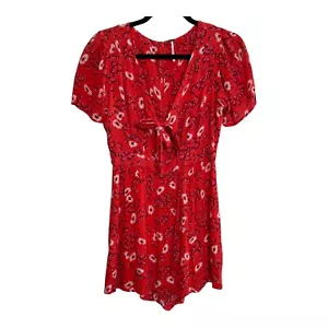 FREE PEOPLE Red Jinx Ditsy Floral Tie Front Gauze Mini Dress Romper SZ 4 - Picture 1 of 4