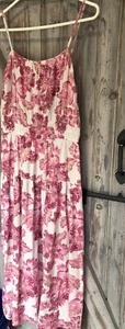 OLD NAVY Midi Waist Defined Pink Floral Linen Blend Smocked Cami Dress L 12-14 - Picture 1 of 16