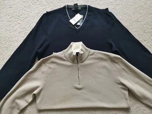 TWO BLOOMINGDALE'S Men's Sweaters - Navy V-Neck & Sand Half-Zip Textured - New! - Picture 1 of 7