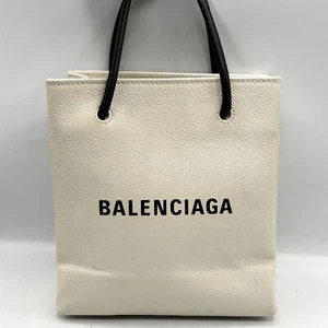 Auth BALENCIAGA 'Near Mint' Brand Logo Print Shopping Tote Bag Leather White - Picture 1 of 14