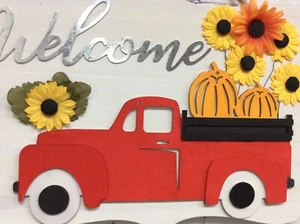 Letrero de madera Welcome Vintage rojo camión calabazas girasoles hecho a mano 10x14 nuevo - Imagen 1 de 5