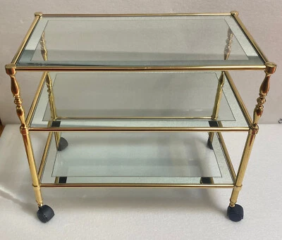 1970′ Desserte a Roulettes Laiton Doré/Verre + Entourage Miroir Maison Jansen - Photo 1/4