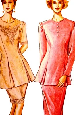 1980s Round Neck Puff Sleeve Peplum Suit Uncut Simplicity 9202 Sewing Pattern - Image 1 of 3