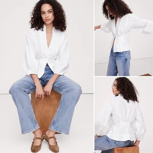 NWT Banana Republic Cotton Poplin Cinched Waist Shirt MEDIUM White V-neck Top - Picture 1 of 12