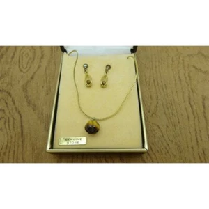 Vintage Gold Necklace & post Earrings Set Tiger's Eye Pendant - Picture 1 of 4