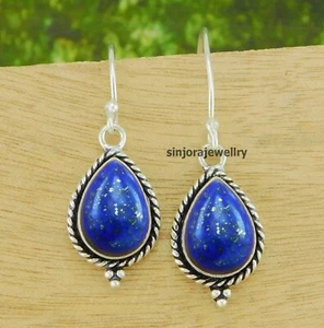 Lapis Lazuli Gemstone 925 sterling silver handmade Dangle/Drop Earrings 1.5" - Picture 1 of 4