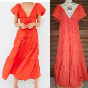 O.P.T Tuckernuck Raspberry Red Fallen Tiered Maxi Dress Womens XL Cotton A Line - Picture 1 of 9