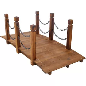 NEW-5 FT Wooden Garden Bridge,Stained Wood Arc Footbridge with Chain Railin - Picture 1 of 10