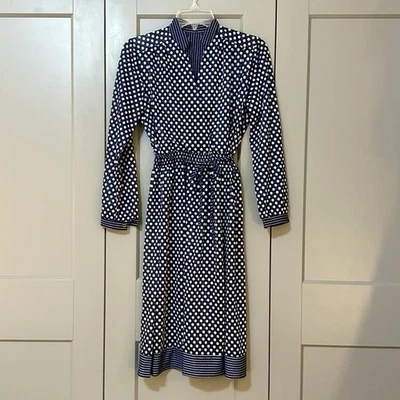 Vestido Vintage Años 70/80 Imitación Envolvente Hasta la Rodilla Lunares Ajuste y Acampanado Azul/Blanco L Foto 1 de 4