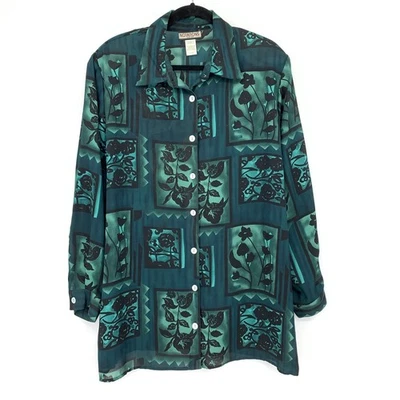 Vintage 90s Notations Button Front Blouse Womens Sz 1X Teal Green Floral Print - Image 1 of 4