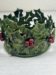 Holly & Ivy Metal Candle Holder Christmas Candle Holder Green & Red 4” Diameter - Picture 1 of 7