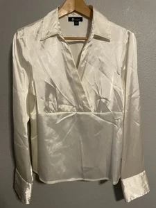 Vintage AB Studio Womens Top Large White Stretch Satin Lightweight Casual Modern - Picture 1 of 8