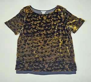 SUNDANCE Womens Gold Navy Velvet Horse Print Short Sleeve Top Blouse Size L - Picture 1 of 3
