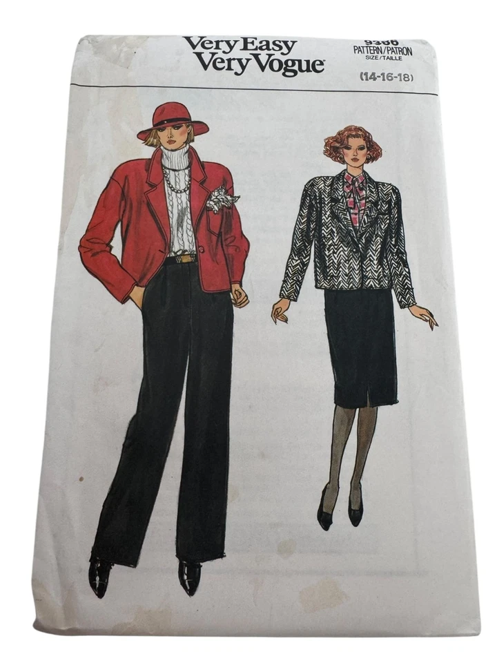 Vogue Sewing Pattern 9386 Misses Jacket Skirt Pants 1980s Fashion 14 16 18 Uncut - Image 1 of 4