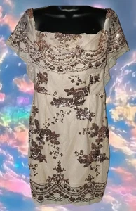 Sexy! Sequined Gold & Cream Midi Dress Sz L Fully Lined Party Wedding Summer Fun - Picture 1 of 4