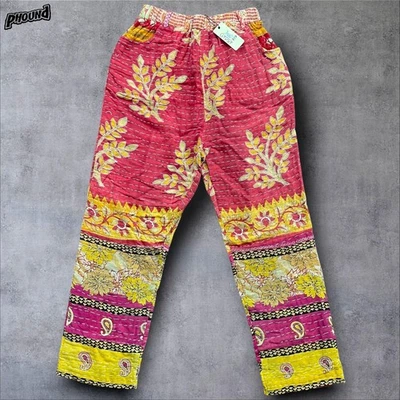 Jaded Gypsy 裤子女式均码粉色 Kantha 拼布弹性腰 JG-22 — 第 1/4 张图片