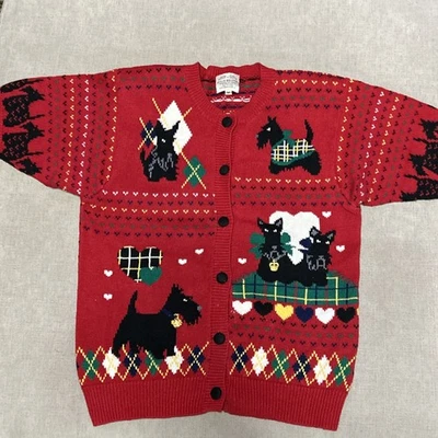 90s VTG Susan Bristol Med Red Cardigan Sweater All Over Black Scottish Terriers - Image 1 of 4