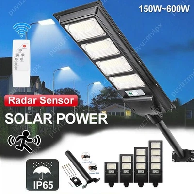 Garden LED Solar Street Light Outdoor Sensor Lamp Solar Power IP65 Pole+Remote - Image 1 of 4