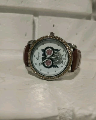 Genoa Water Resistant Rhinestone Owl Quartz Watch Genuine Leather Straps - Image 1 of 4