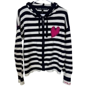 Aqua x Kerri Rosenthal Navy White Stripe Hoodie Cardigan Pink Heart Patch Size M - Picture 1 of 6