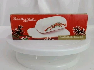 Neu im Karton Vintage Weihnachtsstern und Bänder Porzellan Weihnachten Urlaub Butterdose - Bild 1 von 6