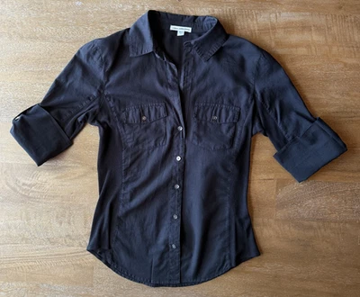 Camisa para mujer James Perse manga 3/4 abotonada panel elástico lateral negra talla 2 (M) Foto 1 de 4