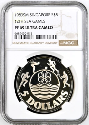 1983-SM Singapur Plata S$5 Dólar 12th Sea Games NGC PF 69 ULTRA CAMAFEO Foto 1 de 4